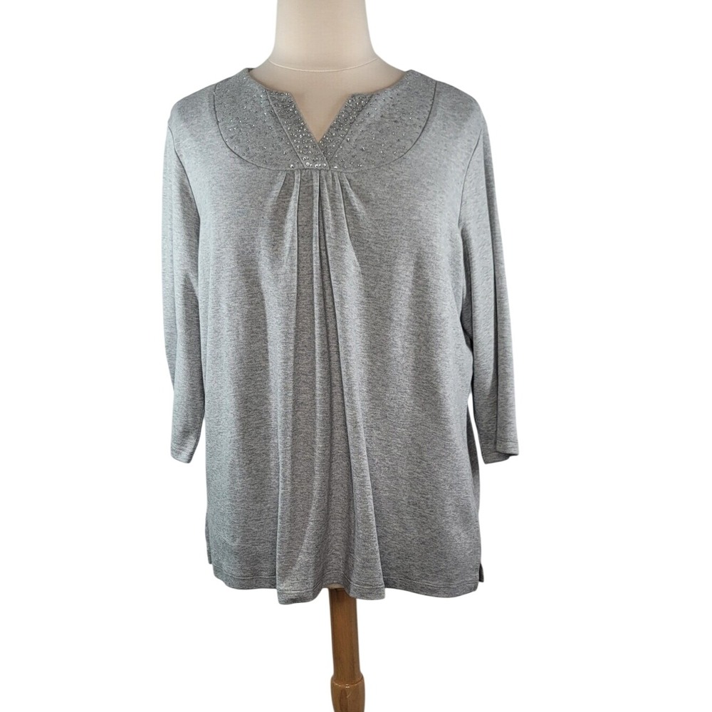 Quacker‎ Factory Gray Embellished V-Neck Long Sleeve Women's Top